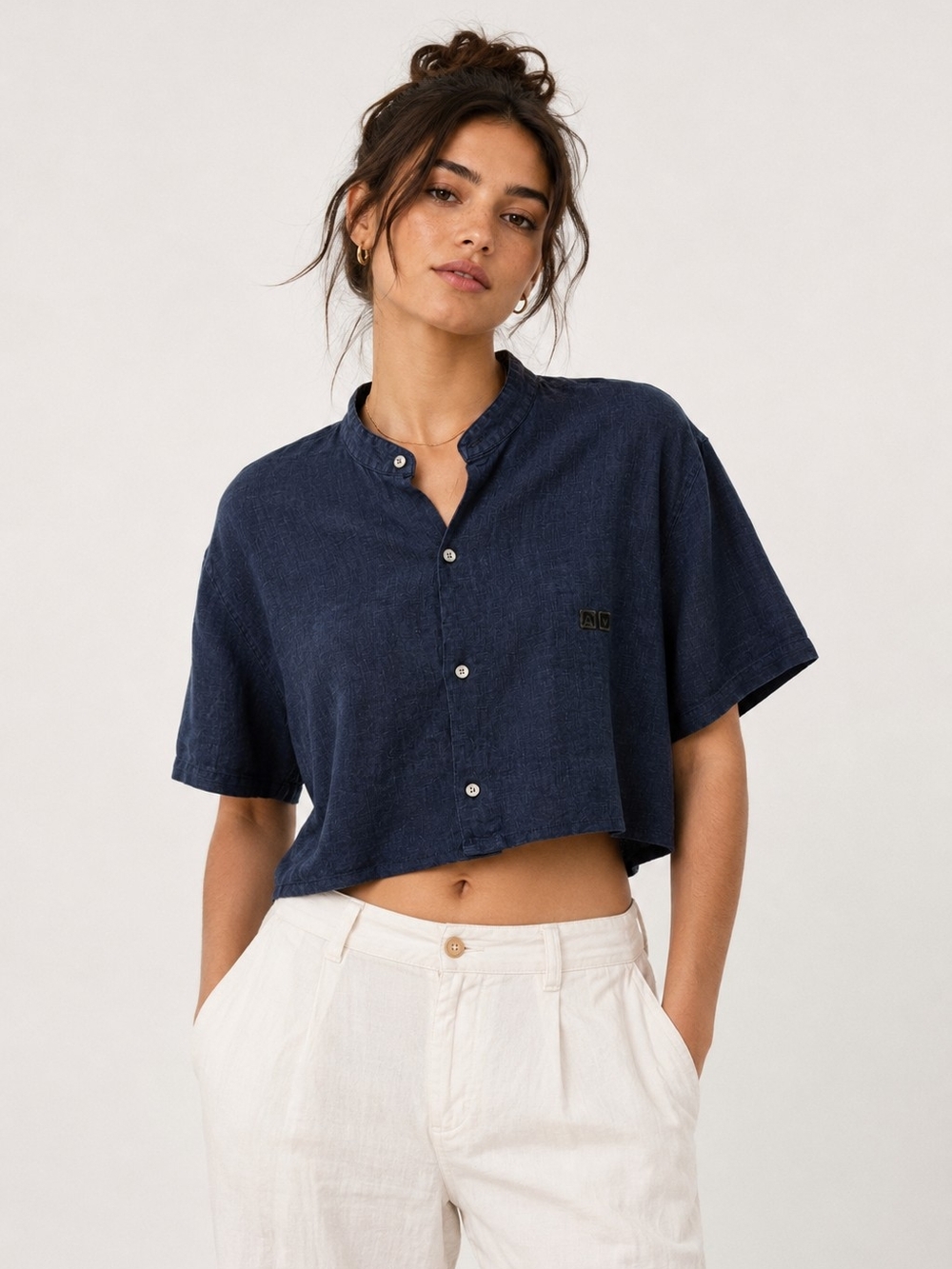 Adolfo Dominguez Cropped Linen Shirt Navy Reborn Remade In France Sz 3